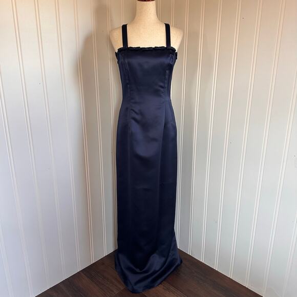 Vintage 90s/y2k Satin Blue Maxi Prom Dress 10 - Picture 1 of 8